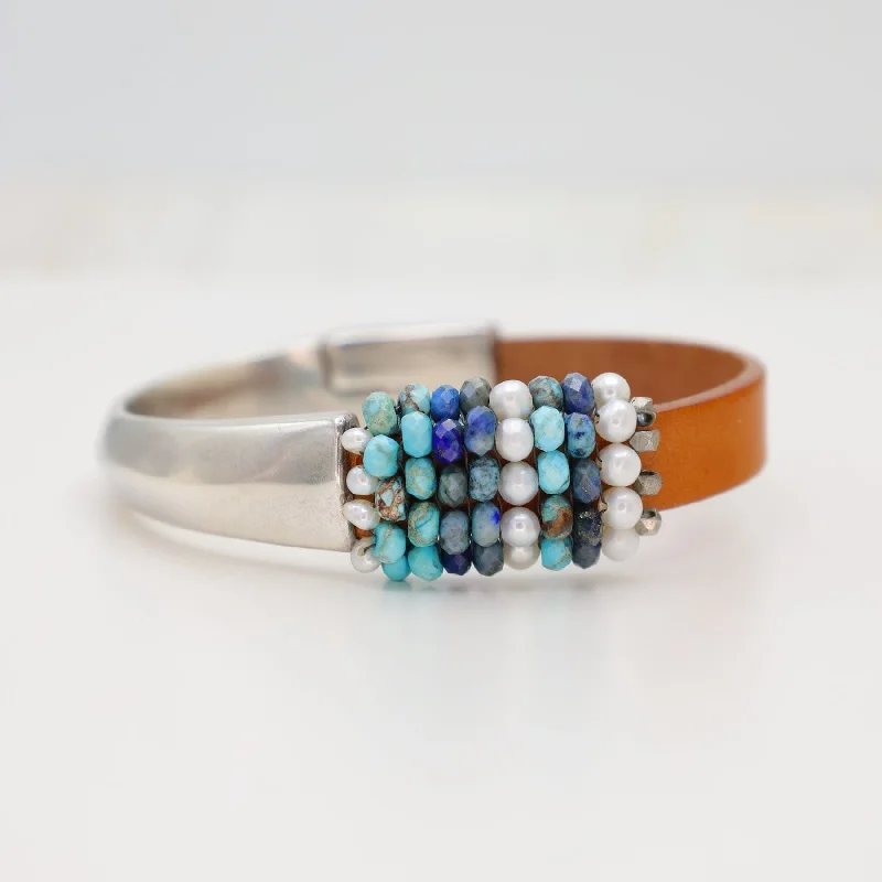 Hand Stitched Pearls, Jasper, Azurite, Metal Cubes 1/2 Cuff Bracelet