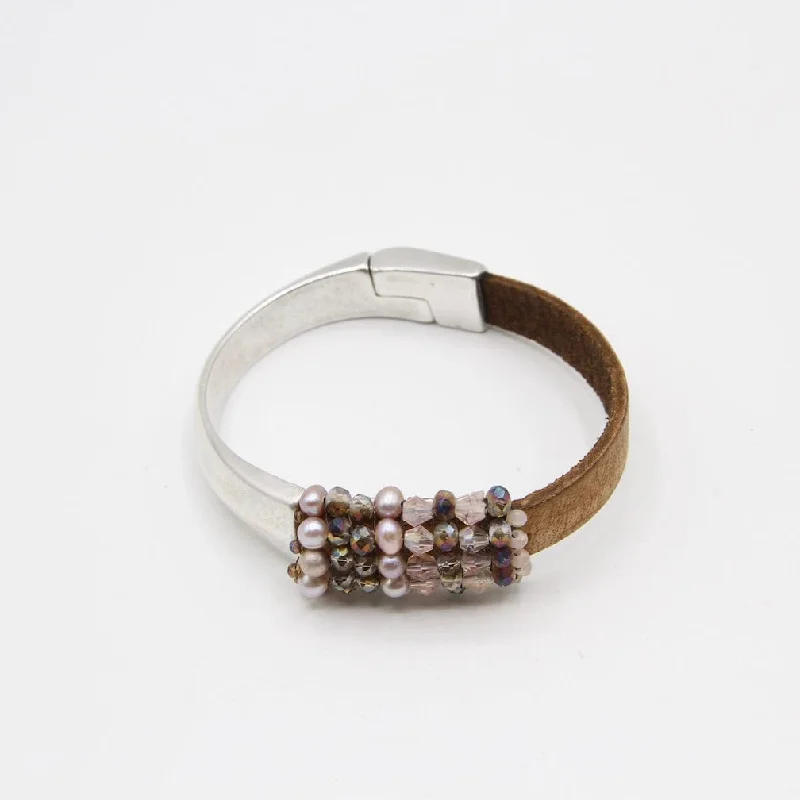 Hand Stitched Pink Pearls and Crystals Leather Cuff Bracelet