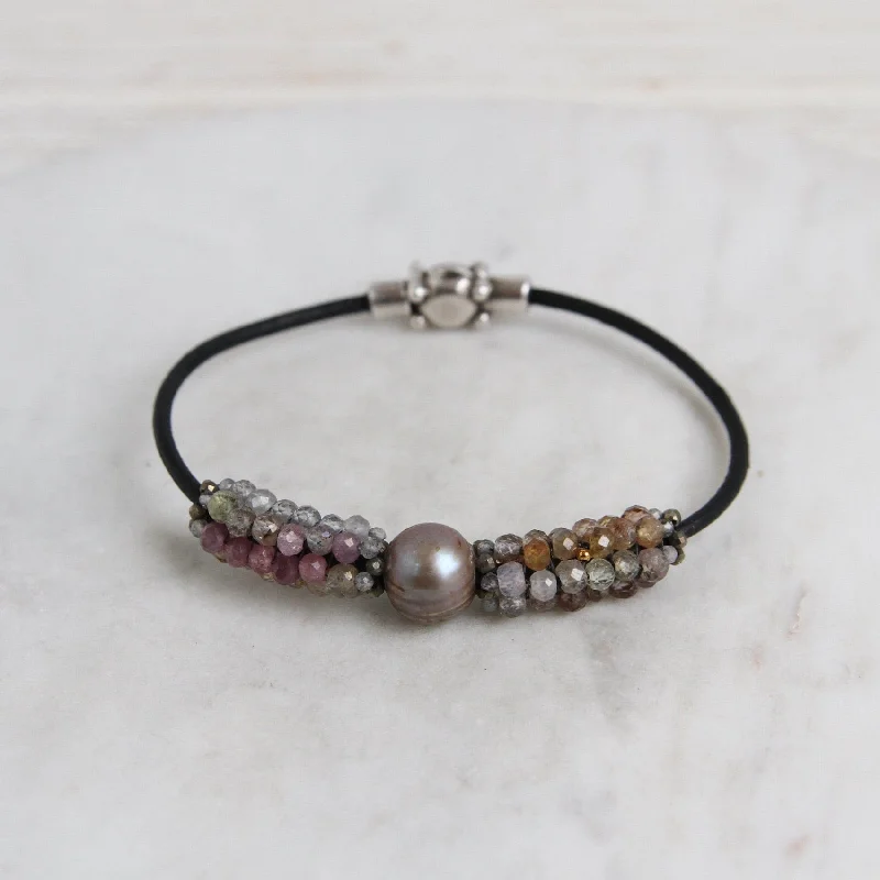 Hand Stitched Sapphires with Focal Pearl, Tiny Pyrite & Mystic Labradorite Trim Bracelet