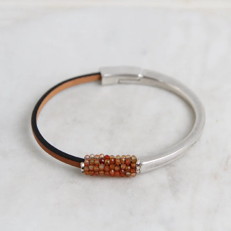 Hand Stitched Tiny Faceted Carnelian with Sterling Trim 1/2 Cuff Bracelet