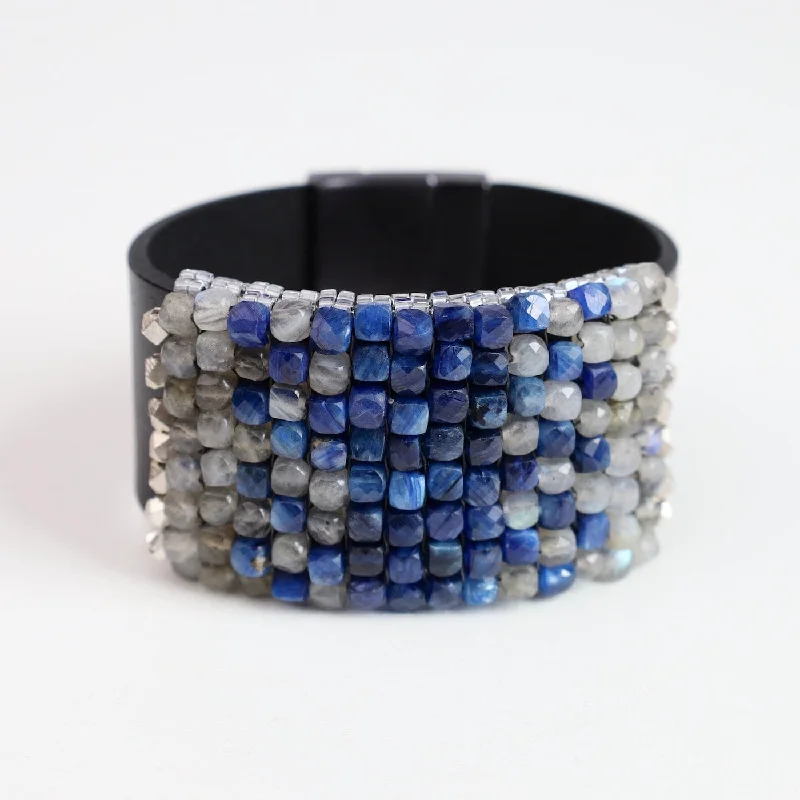 Hand Stitched Faceted Kyanite & Labadorite Cubes Leather Bracelet