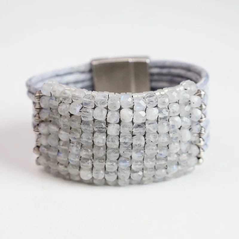 Hand Stitched Faceted Moonstone Cubes Leather Bracelet