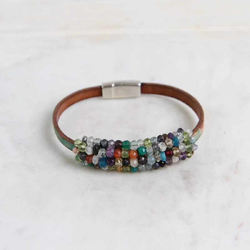 Hand Stitched Multi Gem Stones on Printed Leather Bracelet