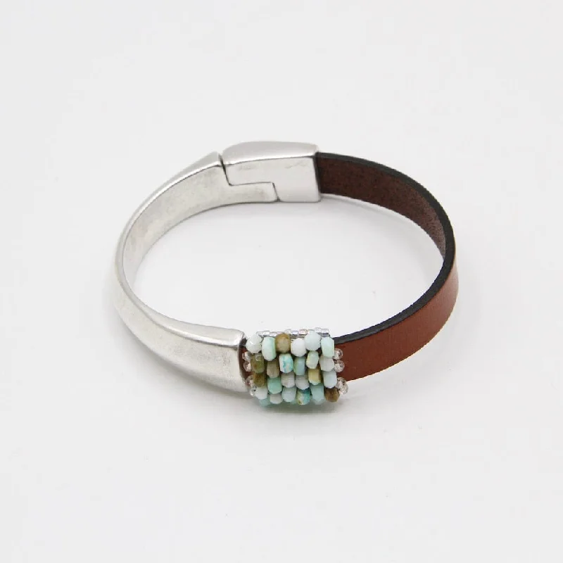 Hand Stitched Peruvian Opal Leather Cuff Bracelet