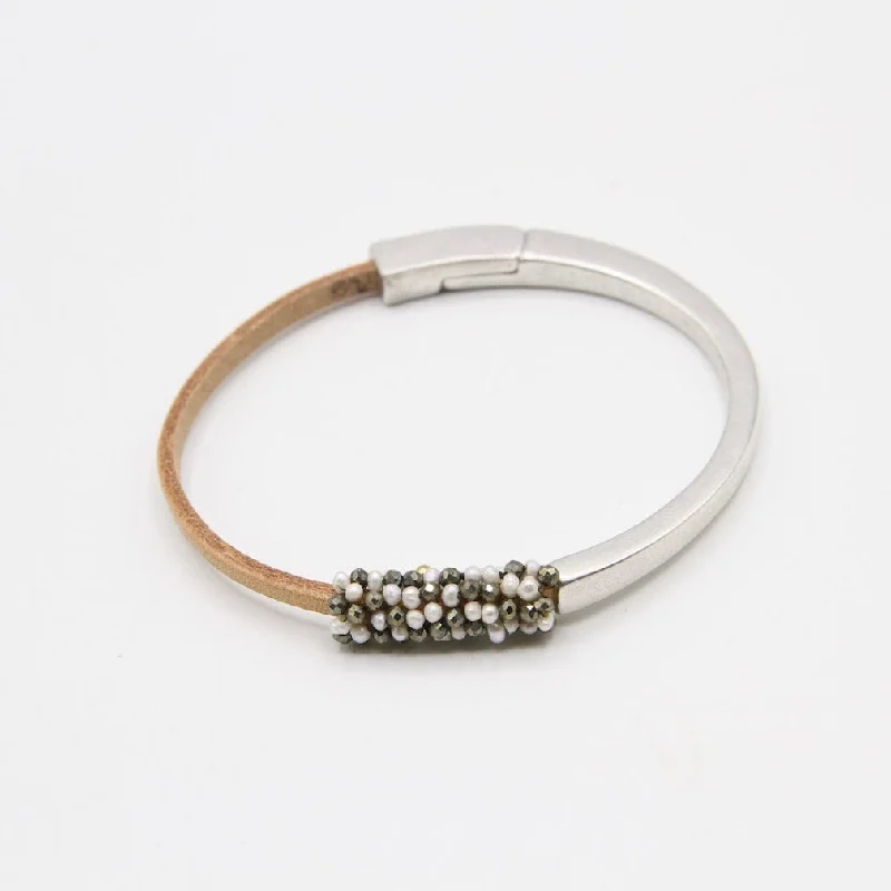 Hand Stitched Tiny White Pearls and Pyrite Leather Cuff Bracelet