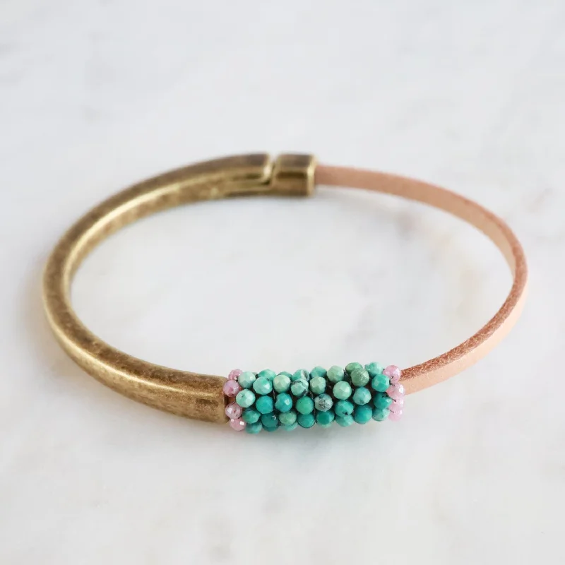 Hand Stitched Tiny Natural Turquoise Leather Cuff Bracelet