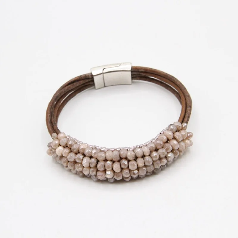 Hand Stitched Blush Moonstone Leather Cuff Bracelet