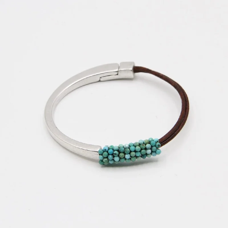 Hand Stitched Tiny Natural Green Turquoise Leather Cuff Bracelet