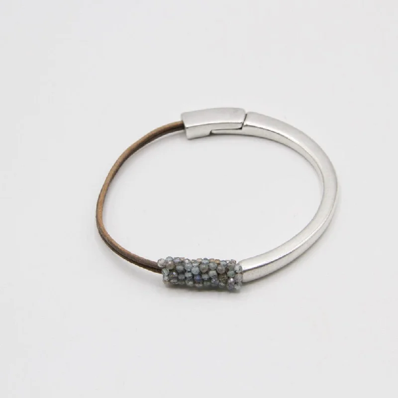 Hand Stitched Tiny Aquamarine and Labradorite Leather Cuff Bracelet