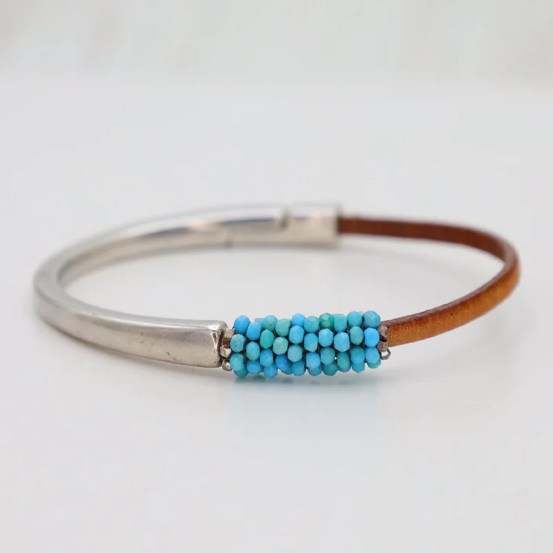 Hand Stitched Tiny Arizona Turquoise Leather Cuff Bracelet