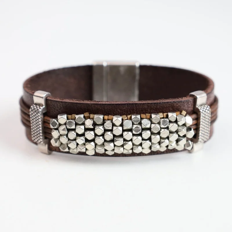 Larger Unisex Size Hand Stitched Metal Cubes Leather Bracelet