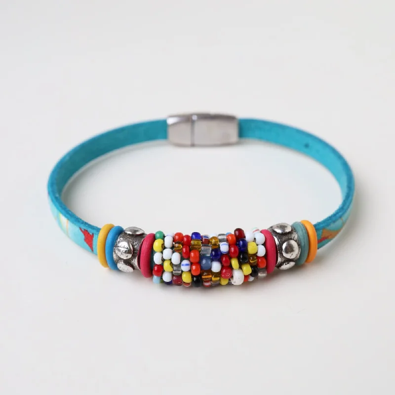 Hand Stitched Vintage & African Beads on Printed Blue Leather Bracelet