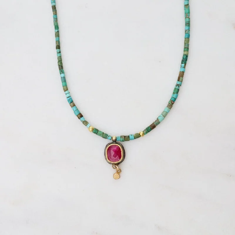 Ruby Teardrop and Turquoise Beaded Necklace