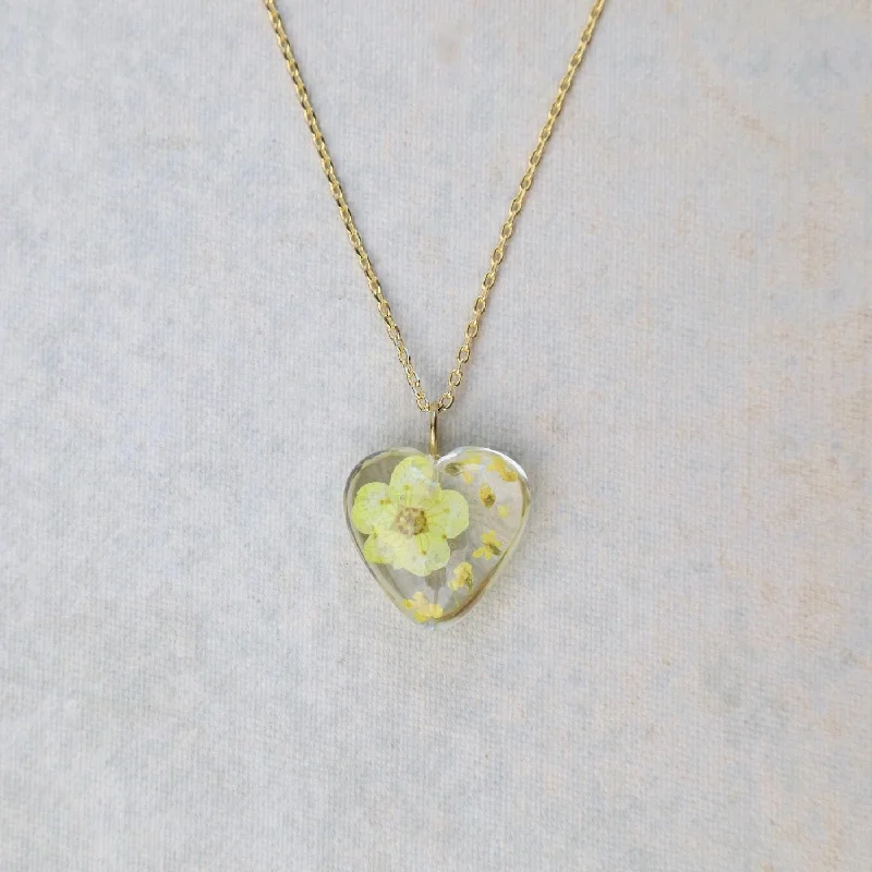 Botanical Mini Heart Necklace - Yellow Corn Poppy Gladiolus August Birthday