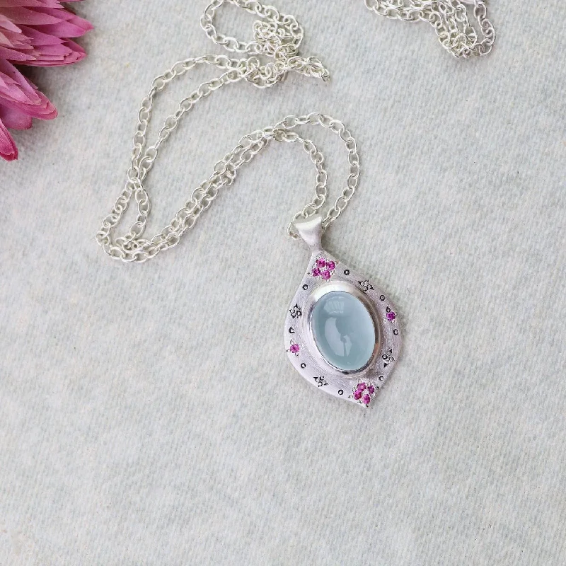 Aquamarine Oval Drops of Happiness with Engraving and Pink Sapphires