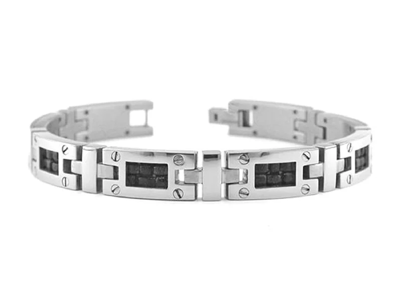 Men's Texture Collection Gray Titanium 10mm Black Leather Fold Over Link Bracelet, 8"